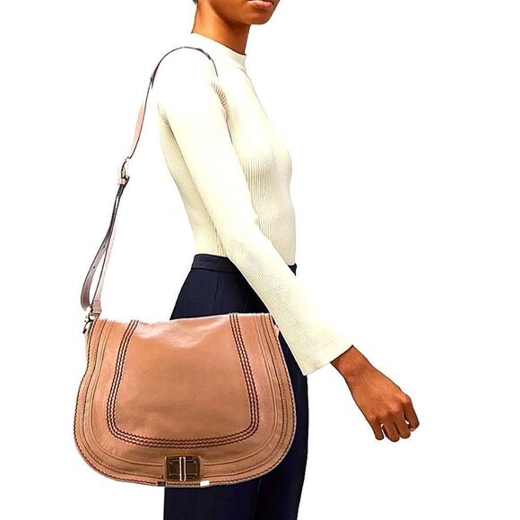 CHLOE Women's Peach Pink Calfskin Marcie Lock Messenger Shoulder Bag - Picture 1 of 12